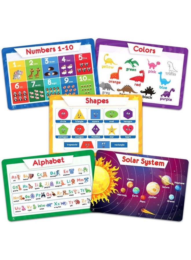 Simply Magic 5 Placemats for Kids - Kids Placemats Non Slip, Washable Reusable Toddler Placemats, Educational Placemats: Alphabet ABC, Shapes, Colors, Numbers, Solar System, Plastic Placemats for Kids - Image 1