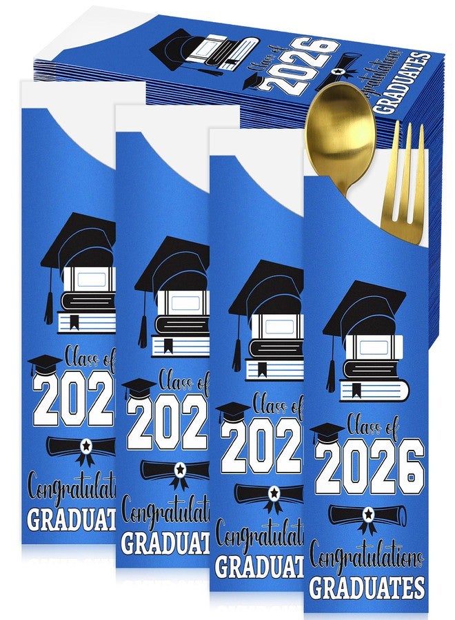 DTOFOOT 120 Pcs Graduation Silverware Bag Blue Paper Silverware Bags 2026 Graduation Paper Utensil Holder for Party Ceremony Supplies - Image 1