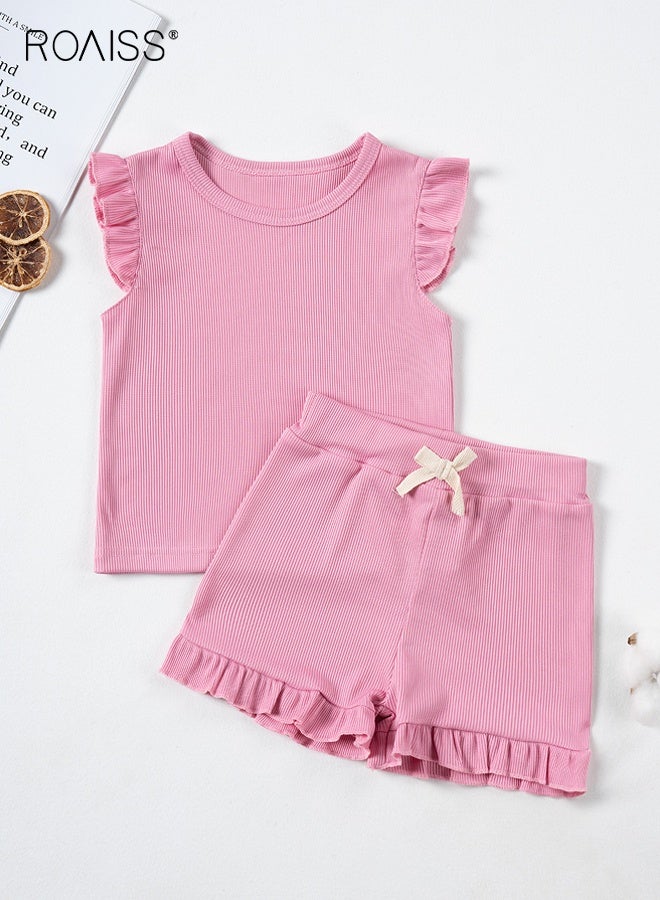 roaiss 2 Piece Comortable Clothing Set for Little Girls, Adorable T-shirt and Shorts Set for Toddler Girls, Stylish Summer Outfit with Sleeveless Top and Solid Short Pants, Suitable for Daily Wear - Image 2
