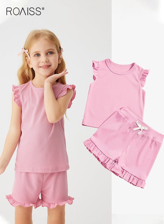 roaiss 2 Piece Comortable Clothing Set for Little Girls, Adorable T-shirt and Shorts Set for Toddler Girls, Stylish Summer Outfit with Sleeveless Top and Solid Short Pants, Suitable for Daily Wear - Image 1