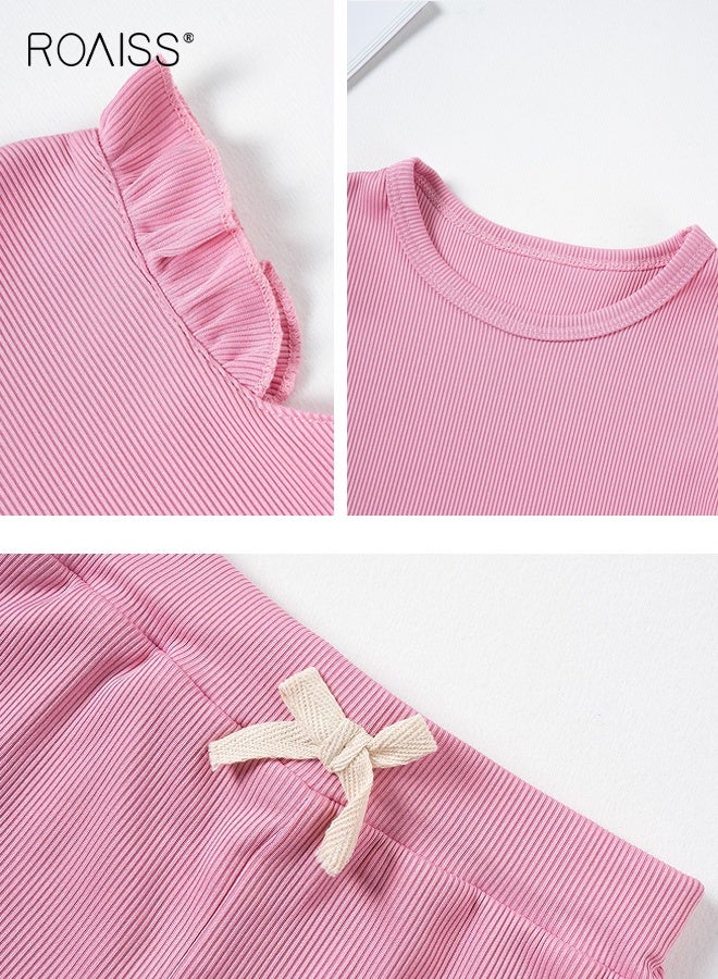 roaiss 2 Piece Comortable Clothing Set for Little Girls, Adorable T-shirt and Shorts Set for Toddler Girls, Stylish Summer Outfit with Sleeveless Top and Solid Short Pants, Suitable for Daily Wear - Image 4