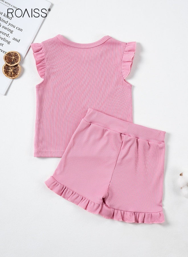 roaiss 2 Piece Comortable Clothing Set for Little Girls, Adorable T-shirt and Shorts Set for Toddler Girls, Stylish Summer Outfit with Sleeveless Top and Solid Short Pants, Suitable for Daily Wear - Image 3