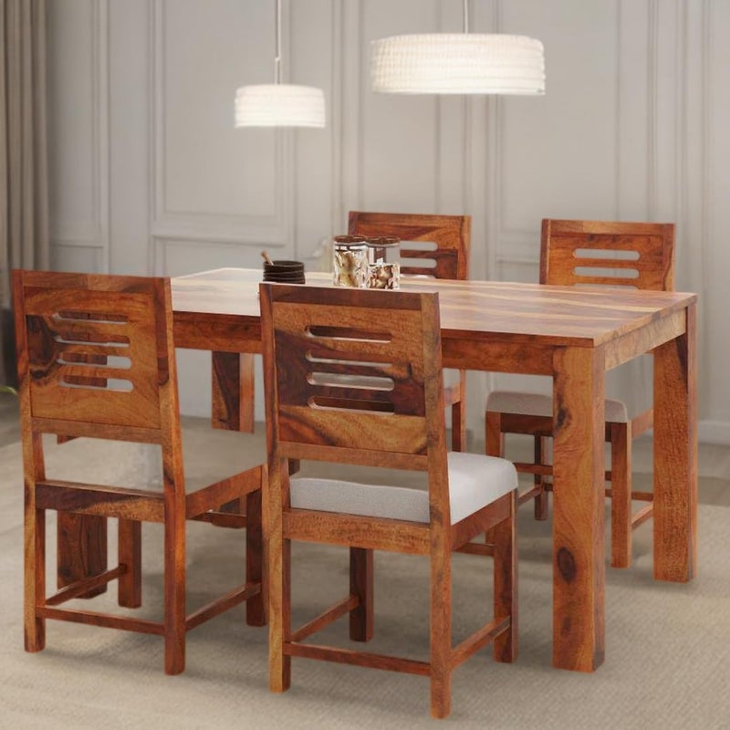 HANDWOOD FURNITURE Premium Sheesham Wood Dining Table45x30 with 4 Chairs 4 Seater Dining Set Wooden Dining Table with Chair Dining Room Furniture Finish Color Honey Finish with Cushions