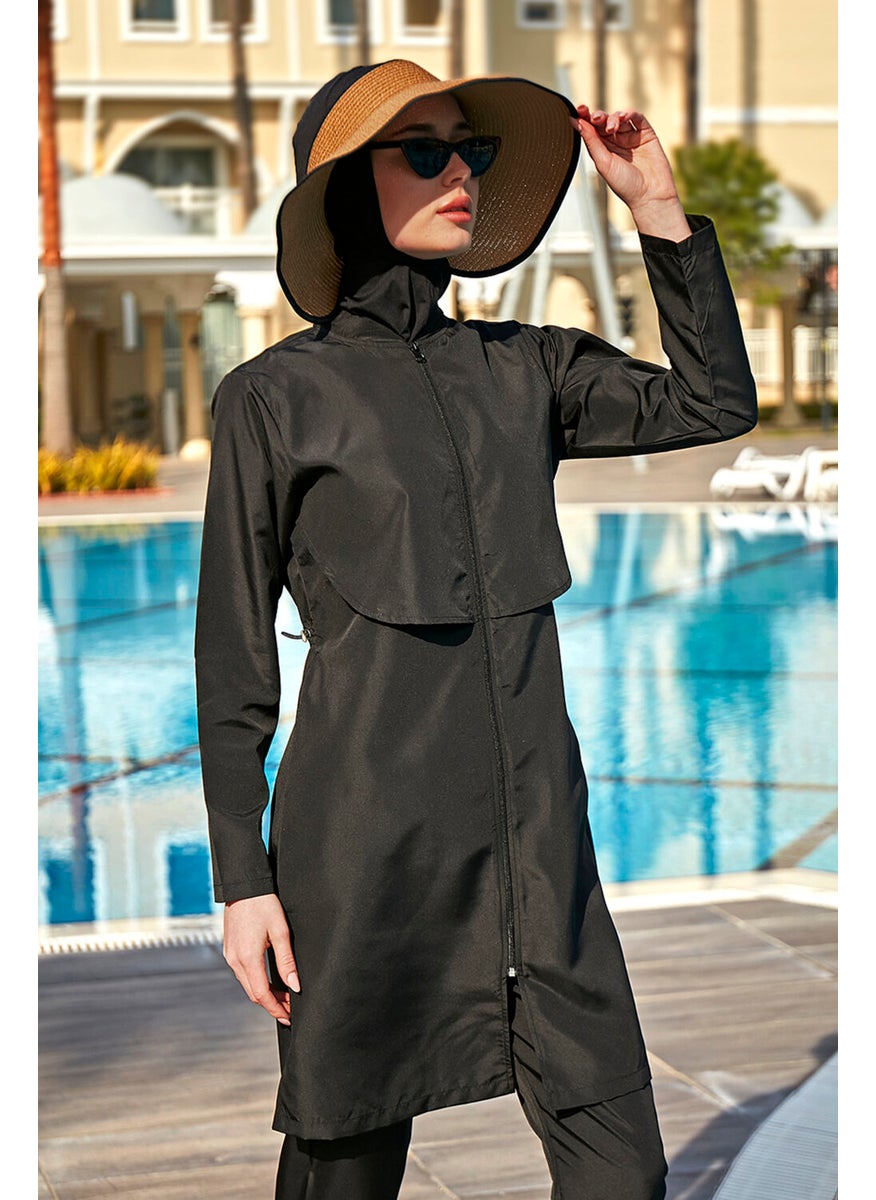 Remsa Mayo Remsa Swimsuit Single Top Front Covered Parachute Fully Covered Hijab Swimsuit R030 Nuray Black  - Image 1