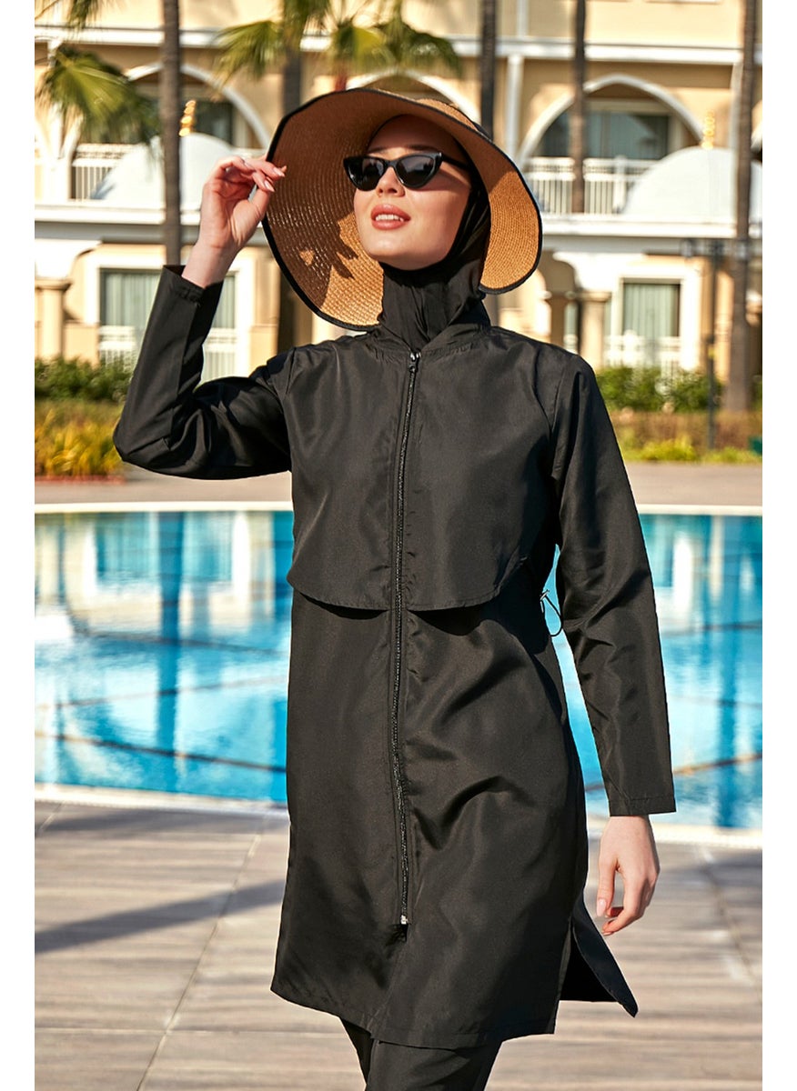 Remsa Mayo Remsa Swimsuit Single Top Front Covered Parachute Fully Covered Hijab Swimsuit R030 Nuray Black  - Image 3
