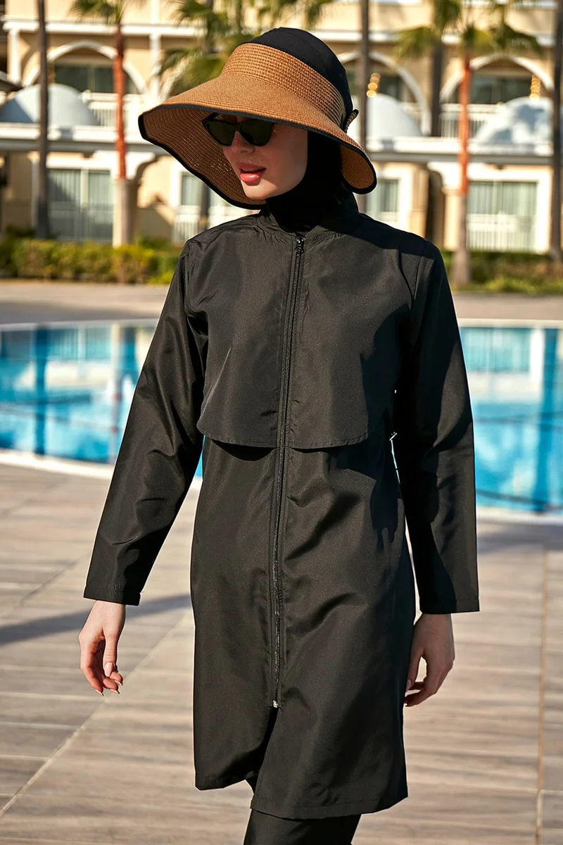 Remsa Mayo Remsa Swimsuit Single Top Front Covered Parachute Fully Covered Hijab Swimsuit R030 Nuray Black