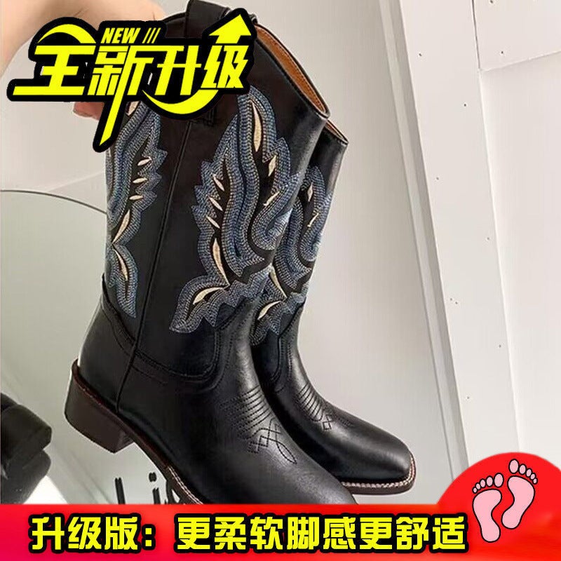 Soft Leather White Boots Western Boots Vintage Embroidered Cowboy Boots Women'S Mid-Boots With Skirt Boots - Image 1