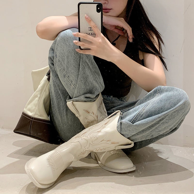 Soft Leather White Boots Western Boots Vintage Embroidered Cowboy Boots Women'S Mid-Boots With Skirt Boots - Image 5