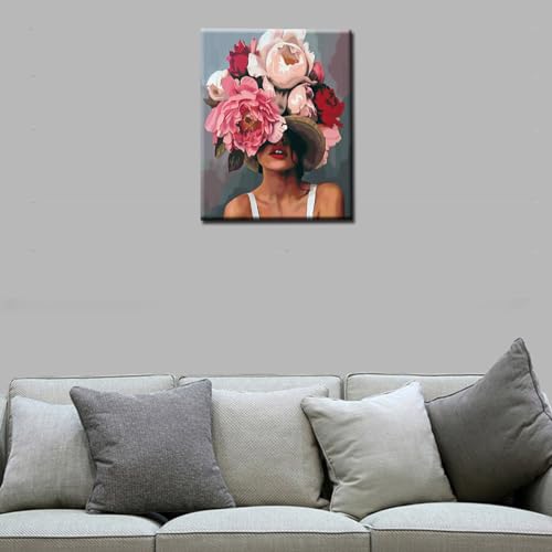Tucocoo Girl with Flowers on Head Paint by Numbers for Adults Fashion Figure Lady Abstract Drawing Oil Paint by Numbers Modren Lady Head Flower Acrylic Oil Painting Set Without Frame-16''W x 20''H - Image 2