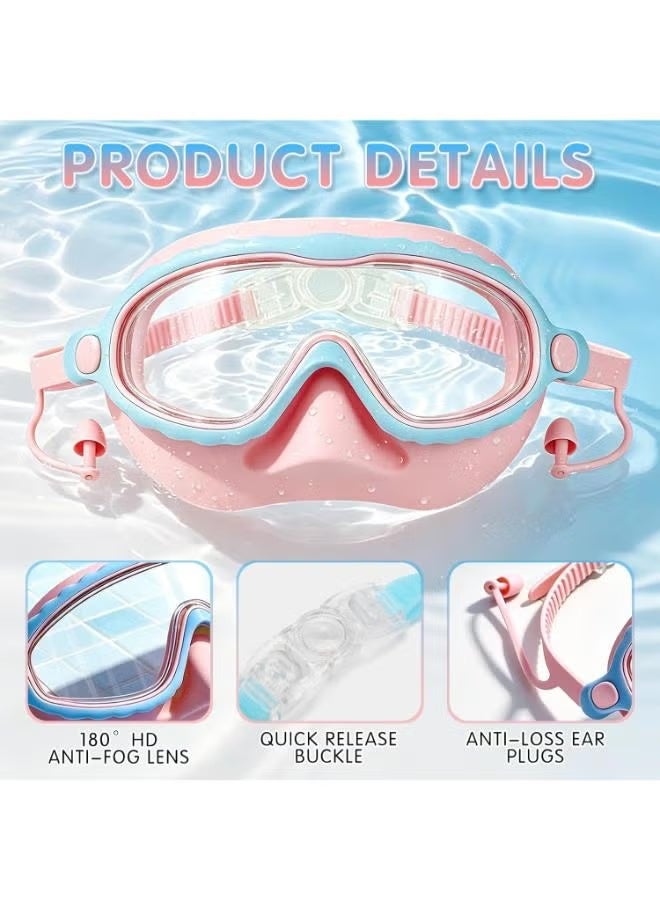 2Pcs Swimming Goggles Kids 614, Large Frame Goggles with Nose cover, No Leak Ajustable Comfort Strap with Ear Plugs, Antifog & Waterproof, Swimming Accessories for Boys Girls Pool (Blue & Pink) - Image 3