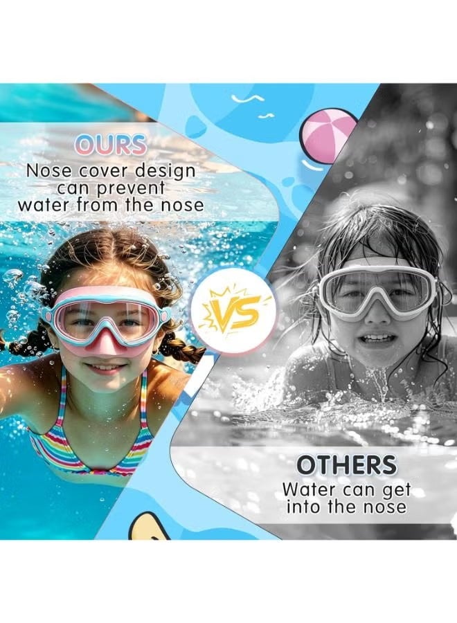 2Pcs Swimming Goggles Kids 614, Large Frame Goggles with Nose cover, No Leak Ajustable Comfort Strap with Ear Plugs, Antifog & Waterproof, Swimming Accessories for Boys Girls Pool (Blue & Pink) - Image 2