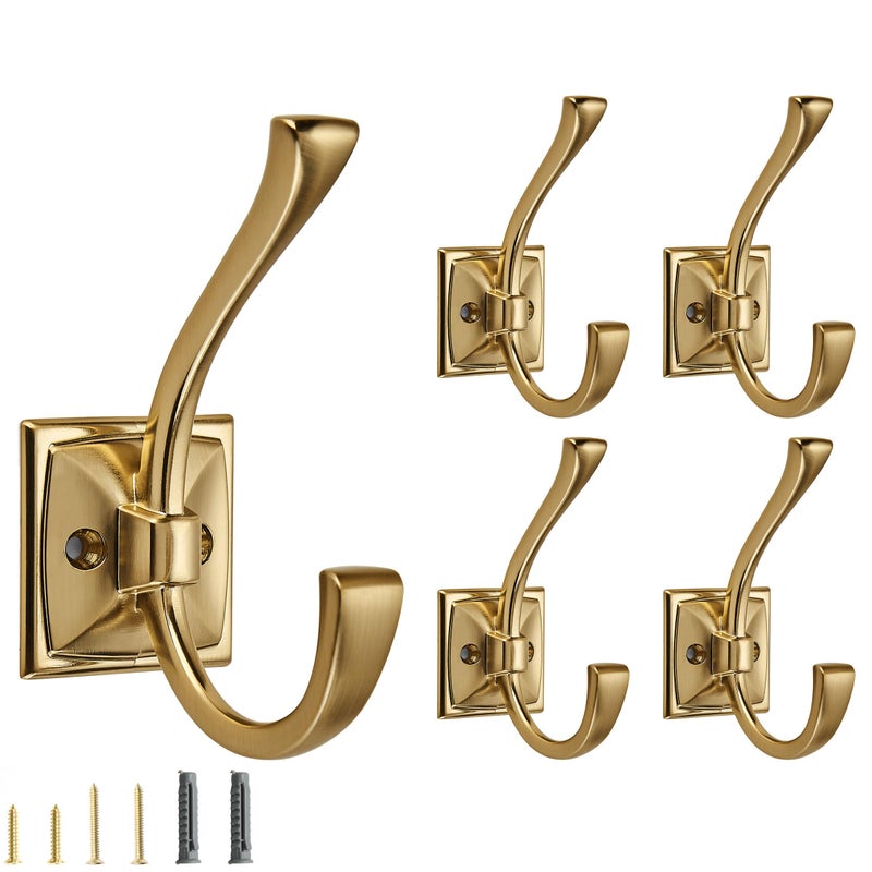 CABDM 5 Pack Decorative Heavy Duty Towel Hooks for Hanging Robe Double Champagne Bronze Coat Hooks Wall Mounted with Screws for Key Towel Bags Cup Hat - Image 2