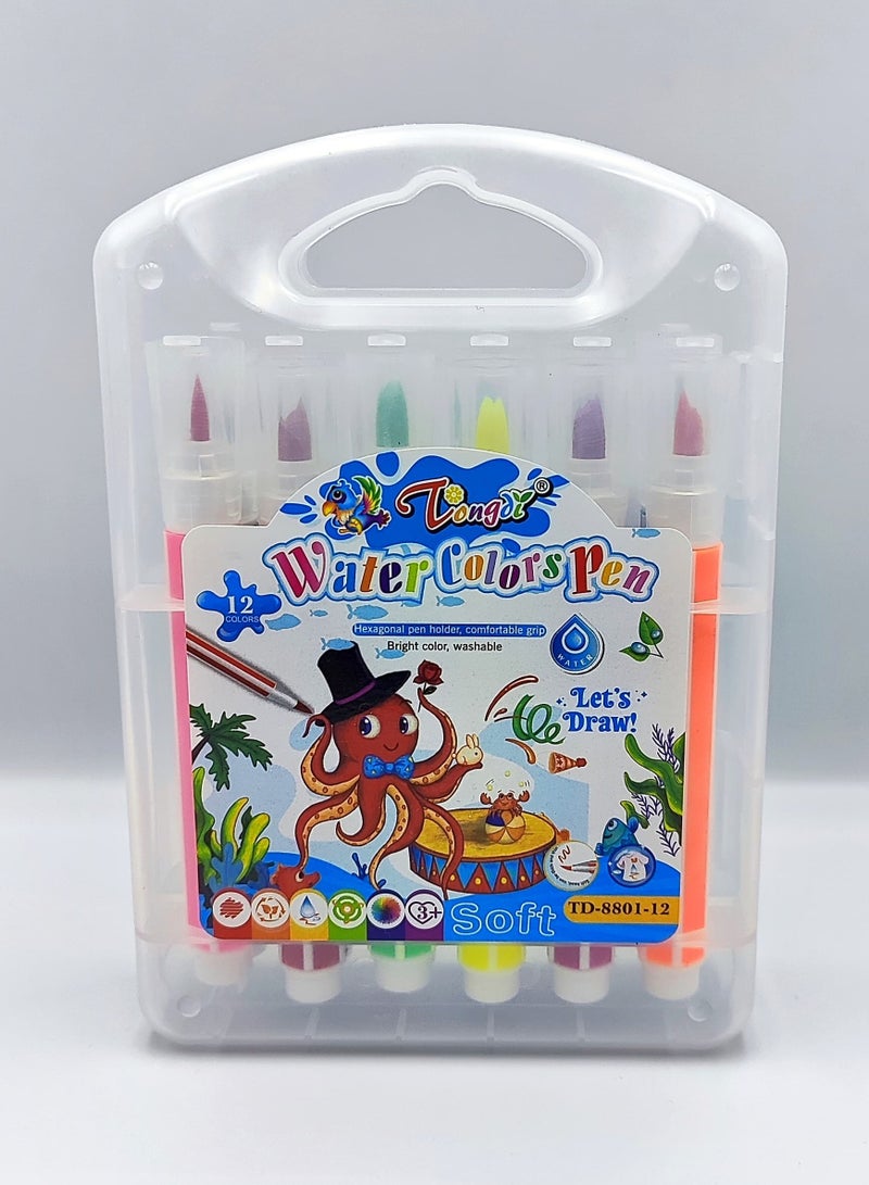 Generic Water Color Pen Set 12 Washable Markers for Kids Washable Watercolor Pen Set 12 Colors for Drawing and Painting  - Image 1