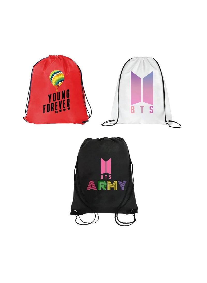 Pack Of 3 Drawstring Bags With BTS Design For Boys And Girls-Durable Sports Backpack For Kids,Great For School And Everyday Use,Lightweight With BTS Design For Everyday Use - Image 1