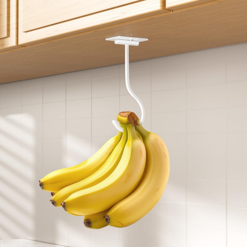 bussdis Adhesive Banana Hanger Under Cabinet - No Drilling Banana Hook with Strong Adhesive, Foldable & Magnetic, Space Saving Banana Holder for Kitchen, Holds up to 13 lbs, White - Image 2
