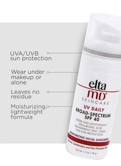 Elta MD UV Broad Spectrum SPF 40, Sheer and Ughtweight, Hyaluronic Acid, Iransparent Zinc Oxide, UVA UVB Protection, Anti Aging for Women, Sun Damaged Skin Repair, Skin Colour Daily Face Sunscreen, 48g  - Image 2