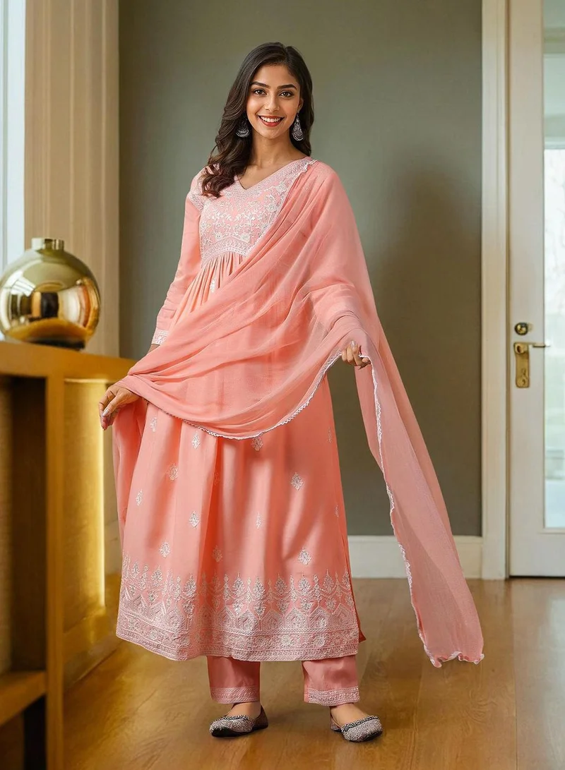 Women's Peach Rayon Embellished Tunic Full Length Casual Straight Fit Kurta Set
