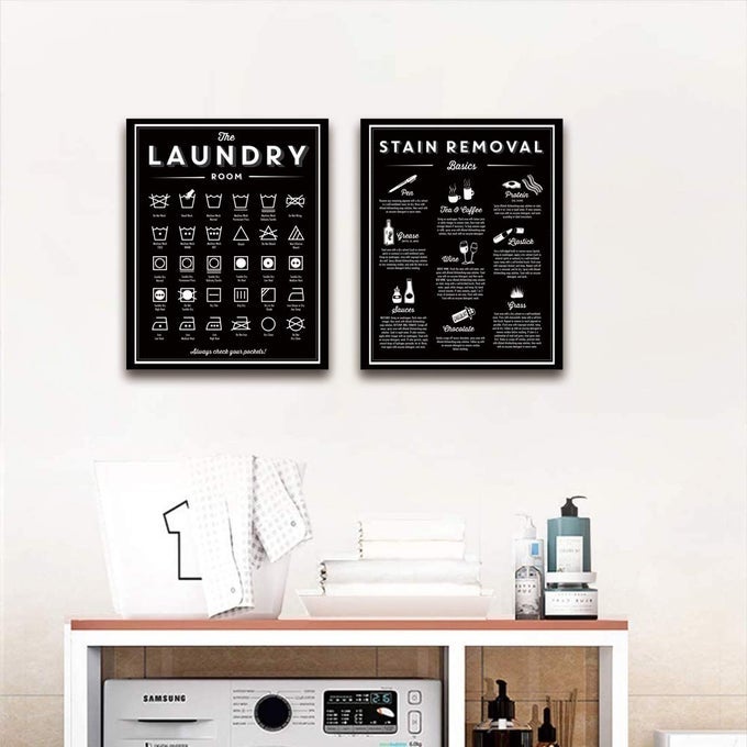 LAUNDRY SYMBOLS WALL ART CANVAS STAIN REMOVAL SIGN LAUNDRY GUIDE WALL ART CLEANING POSTER BLACK WHITE PICTURES FOR ROOM DECOR HOUSEWARMING GIFT 16X20INCHX2 UNFRAMED