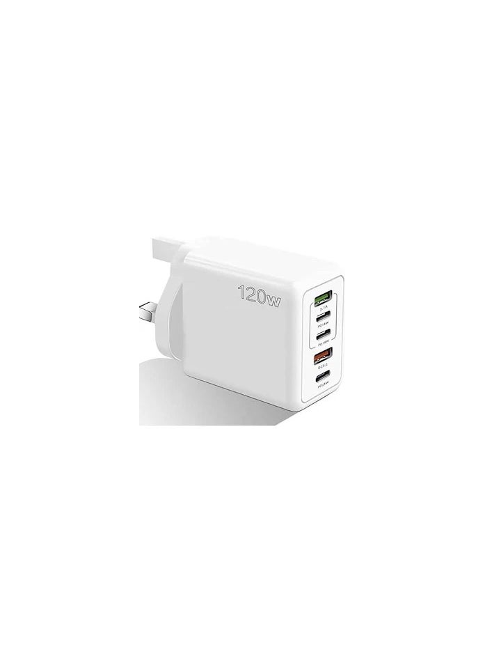 Generic 120W Fast Charger with 5 Ports, 3PD+2USB Multiport Charger Block for Multiple Device, 120w Fast Charging Wall Charger, 5 Port Travel Charger Fast Mobile Charger Adapter (White, UK) 