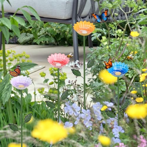 hogardeck Garden Decor for Outside, 4 Pcs 25.8" Metal Bee Watering Station, Flower Design with Stakes, Butterfly Feeder Bird Bath for Outside Yard Patio Lawn (Blue, Yellow, Pink, White) - Image 5