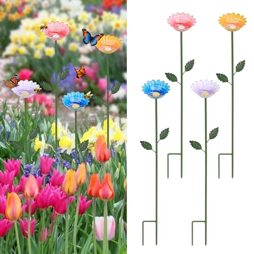 hogardeck Garden Decor for Outside, 4 Pcs 25.8" Metal Bee Watering Station, Flower Design with Stakes, Butterfly Feeder Bird Bath for Outside Yard Patio Lawn (Blue, Yellow, Pink, White) - Image 1