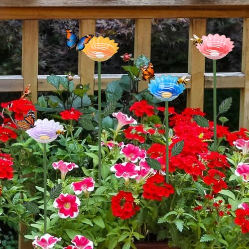 hogardeck Garden Decor for Outside, 4 Pcs 25.8" Metal Bee Watering Station, Flower Design with Stakes, Butterfly Feeder Bird Bath for Outside Yard Patio Lawn (Blue, Yellow, Pink, White) - Image 4