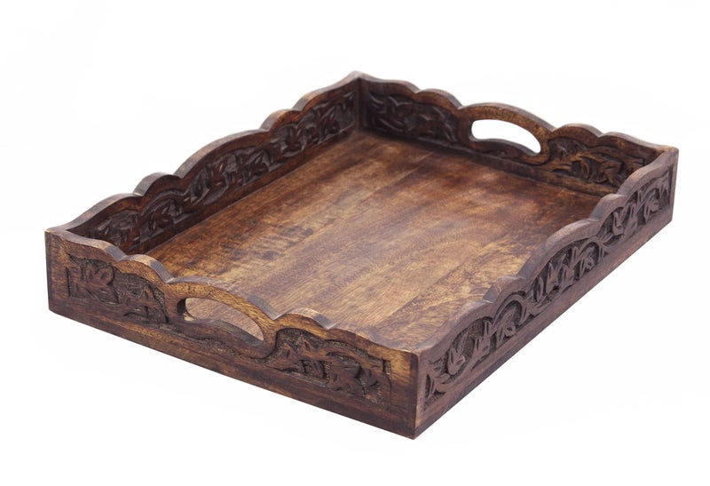 Hand Carved Wooden Serving Tray  Decorative Breakfast Tray with Handles  Rustic Wooden Food Tray with Intricate Detail  Unique Furnishing Accent  Natural Finish  17 x 13 x 25 Inch  COTTON CRAFT