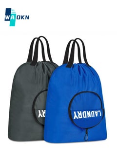 WAOKN 2 Piece Travel Laundry Bags, Travel Dirty Laundry Bags with Handles, Travel, Camping, Fitness Carabiner Foldable Laundry Bags for Students (Blue + Dark Grey)  - Image 1
