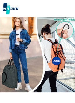 WAOKN 2 Piece Travel Laundry Bags, Travel Dirty Laundry Bags with Handles, Travel, Camping, Fitness Carabiner Foldable Laundry Bags for Students (Blue + Dark Grey)  - Image 3