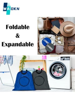 WAOKN 2 Piece Travel Laundry Bags, Travel Dirty Laundry Bags with Handles, Travel, Camping, Fitness Carabiner Foldable Laundry Bags for Students (Blue + Dark Grey)  - Image 2