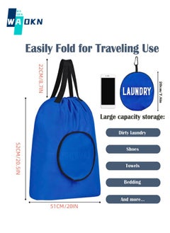 WAOKN 2 Piece Travel Laundry Bags, Travel Dirty Laundry Bags with Handles, Travel, Camping, Fitness Carabiner Foldable Laundry Bags for Students (Blue + Dark Grey)  - Image 4