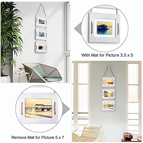 DLQuarts 5x7 Hanging Picture Frames Collage Wall Decor, 3-Opening Photo Frame 5x7 Without Mat & 3.5x5 with Mat, Rustic Wood 3-Frame, Vintage White - Image 3