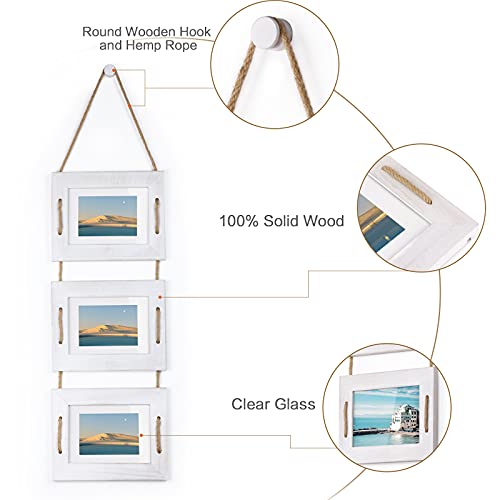 DLQuarts 5x7 Hanging Picture Frames Collage Wall Decor, 3-Opening Photo Frame 5x7 Without Mat & 3.5x5 with Mat, Rustic Wood 3-Frame, Vintage White - Image 4
