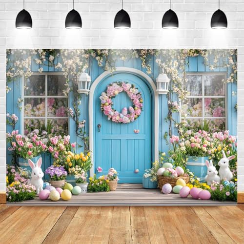 Mocsicka Easter Backdrop Spring Easter Bunny Blue Wall Flower Photography Backdrop Decorations Rabbit Egg Holiday Party Banner Background Photo Props Supplies (7x5ft) - Image 2