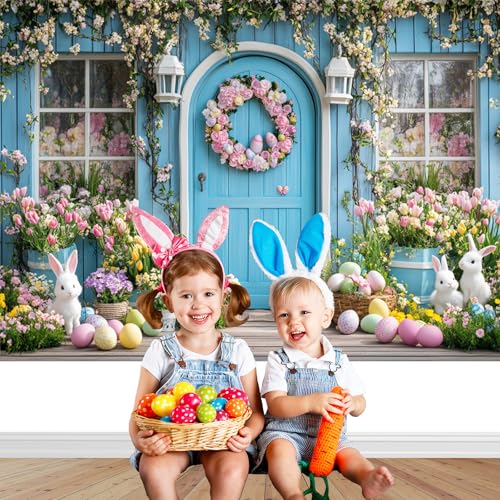 Mocsicka Easter Backdrop Spring Easter Bunny Blue Wall Flower Photography Backdrop Decorations Rabbit Egg Holiday Party Banner Background Photo Props Supplies (7x5ft) - Image 4