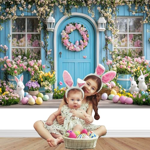 Mocsicka Easter Backdrop Spring Easter Bunny Blue Wall Flower Photography Backdrop Decorations Rabbit Egg Holiday Party Banner Background Photo Props Supplies (7x5ft) - Image 3