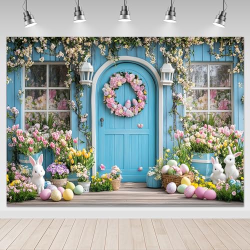 Mocsicka Easter Backdrop Spring Easter Bunny Blue Wall Flower Photography Backdrop Decorations Rabbit Egg Holiday Party Banner Background Photo Props Supplies (7x5ft) - Image 1