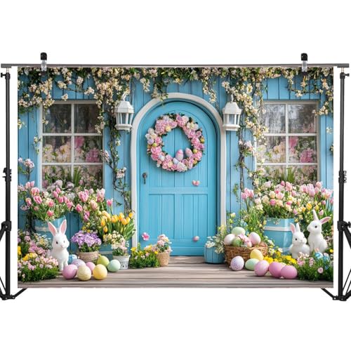 Mocsicka Easter Backdrop Spring Easter Bunny Blue Wall Flower Photography Backdrop Decorations Rabbit Egg Holiday Party Banner Background Photo Props Supplies (7x5ft) - Image 5