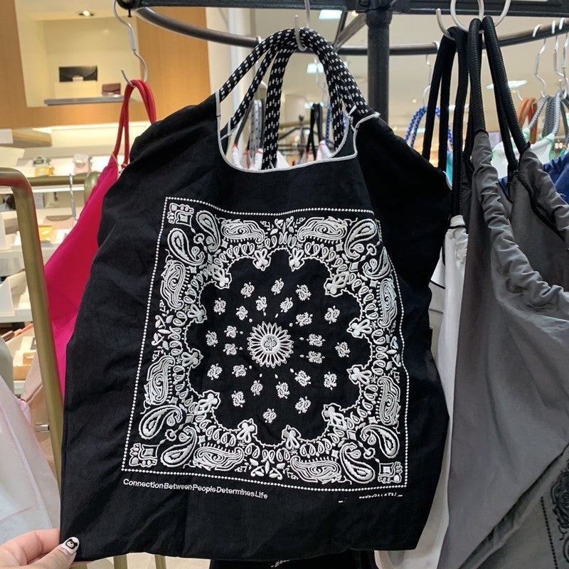 Embroidered Cashew Flower Canvas Tote Bag Black cashew flower