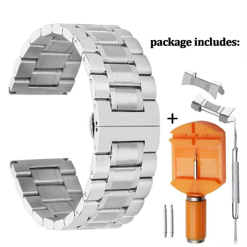 AUTULET 20mm Durable Solid Stainless Steel Band Watch Bracelet with Easy Release Deployment Buckle in Silver - Image 2
