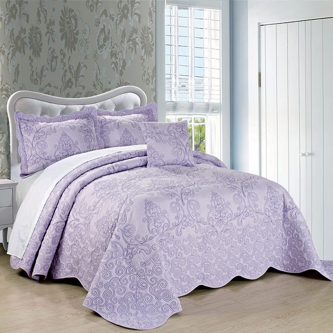 DAMASK 4 PIECE BEDSPREAD SETSCALLOPED EDGE REVERSIBLE QUILT COVERLET COMFORTER PREWASHED BEDDING SET MATELASSE EMBOSSED FLORAL SOLID PATTERNLAVENDER FOG OVERSIZE KING120 X 120