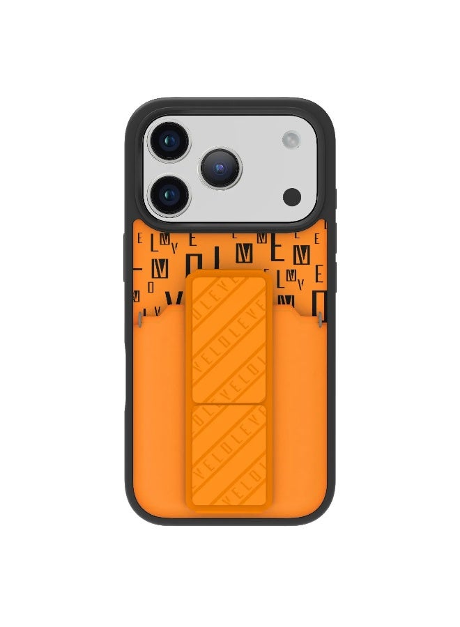 LEVELO iPhone 17 Pro Max Case Morphix Gripstand With Cardholder & Magnetic Strap Stand / Secure Hold / One-Hand Grip / Shock-Resistant Bumper / Luxury Printed Branding Back Cover - Sunrise Orange - Image 1