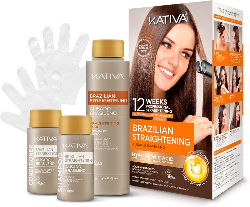 Kativa Brazilian Straightening Kit, 12 Weeks of Home Use Professional Straightening, with Organic Argan Oil, Shea Butter, Keratin & Amino Acids, for Straighter, Softer and Shinier Hair, All Hair Types - Image 1
