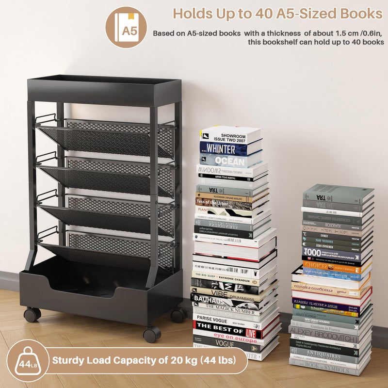 UMDONX Modern Mobile Book Cart Single-Sided Rolling Bookshelf with Metal Top & Base, Premium Snap-in Shelves, Heavy Duty & Elegant Storage for Home Study, Office, Classroom Black - Image 3