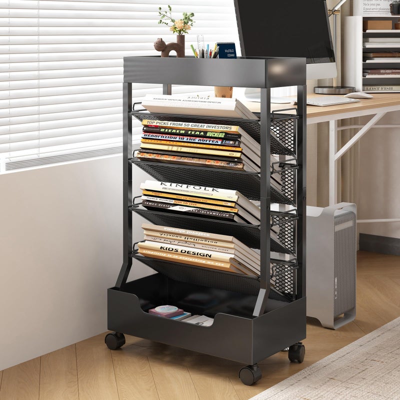 UMDONX Modern Mobile Book Cart Single-Sided Rolling Bookshelf with Metal Top & Base, Premium Snap-in Shelves, Heavy Duty & Elegant Storage for Home Study, Office, Classroom Black - Image 1