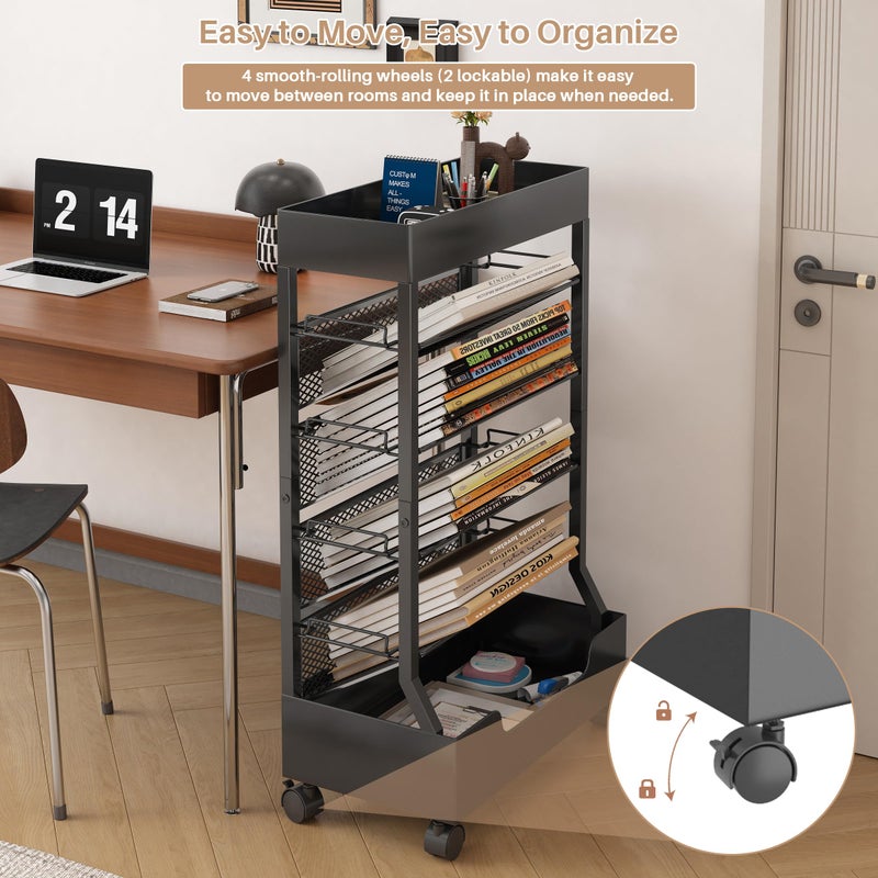 UMDONX Modern Mobile Book Cart Single-Sided Rolling Bookshelf with Metal Top & Base, Premium Snap-in Shelves, Heavy Duty & Elegant Storage for Home Study, Office, Classroom Black - Image 5