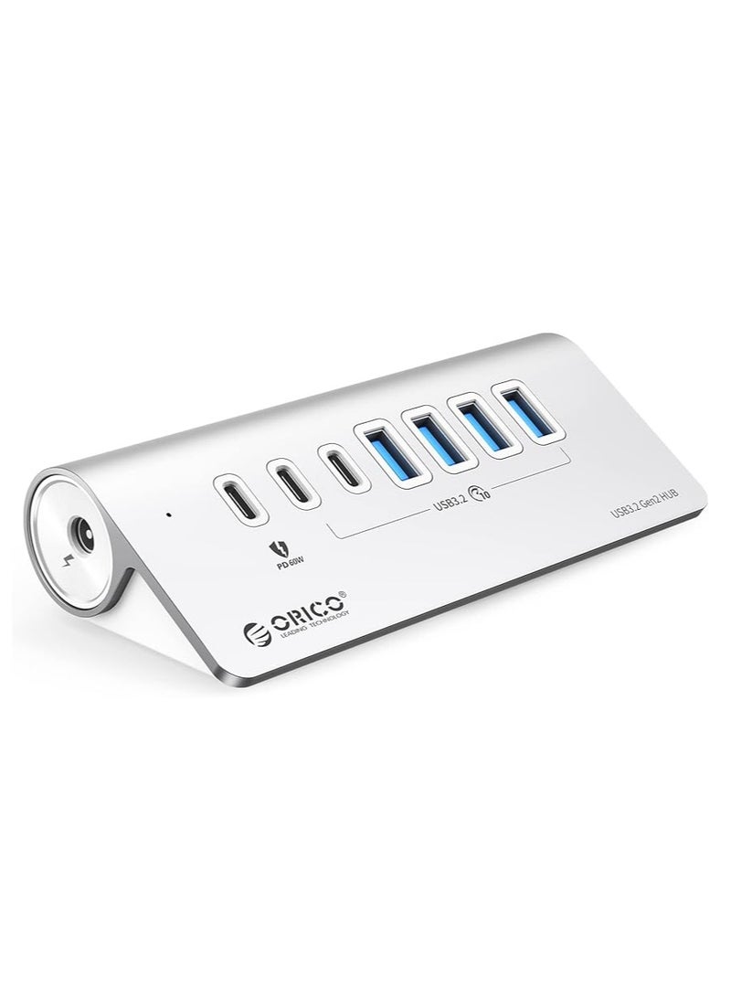 ORICO Powered USB Hub 10Gbps, 7 Port USB 3.2 Gen 2 Hub with 6 USB 3.2 Data Ports, 1 PD 60W Charging Ports, 24V3A Power Adapter, 1.64Ft C to C Cable and USB-A Adapter, Aluminum USB Data Hub for Laptop - Image 1