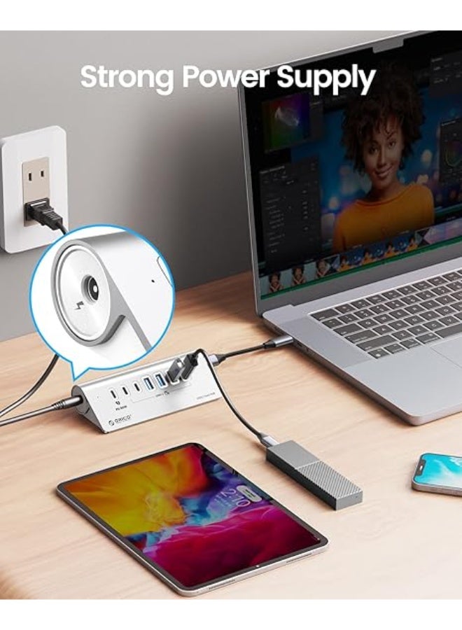 ORICO Powered USB Hub 10Gbps, 7 Port USB 3.2 Gen 2 Hub with 6 USB 3.2 Data Ports, 1 PD 60W Charging Ports, 24V3A Power Adapter, 1.64Ft C to C Cable and USB-A Adapter, Aluminum USB Data Hub for Laptop - Image 3
