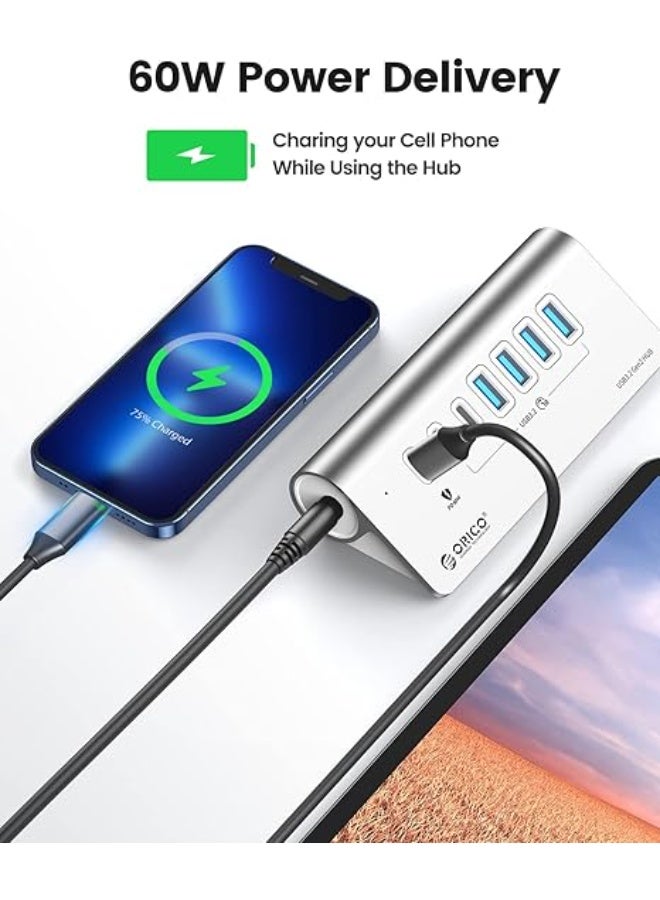 ORICO Powered USB Hub 10Gbps, 7 Port USB 3.2 Gen 2 Hub with 6 USB 3.2 Data Ports, 1 PD 60W Charging Ports, 24V3A Power Adapter, 1.64Ft C to C Cable and USB-A Adapter, Aluminum USB Data Hub for Laptop - Image 2