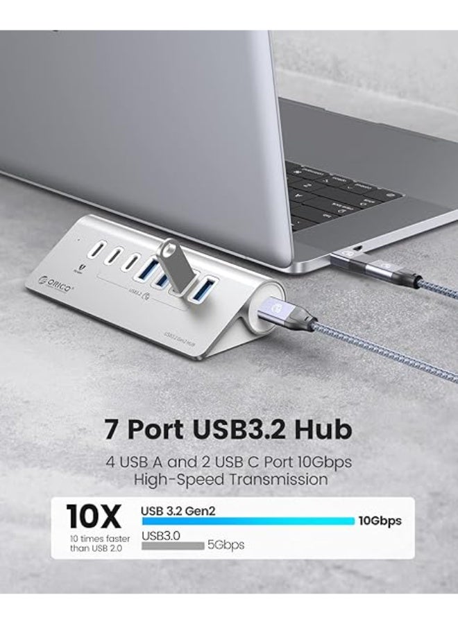 ORICO Powered USB Hub 10Gbps, 7 Port USB 3.2 Gen 2 Hub with 6 USB 3.2 Data Ports, 1 PD 60W Charging Ports, 24V3A Power Adapter, 1.64Ft C to C Cable and USB-A Adapter, Aluminum USB Data Hub for Laptop - Image 4